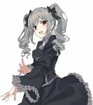  :d black_bow black_dress blush bow choker cowboy_shot dress drill_hair eyebrows_visible_through_hair frilled_choker frilled_dress frilled_sleeves frills gothic_lolita hair_bow highres idolmaster idolmaster_cinderella_girls kanzaki_ranko lolita_fashion long_sleeves looking_at_viewer open_mouth red_eyes shiny shiny_hair silver_hair simple_background smile solo teshima_nari twin_drills upper_teeth white_background wide_sleeves 