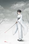  black_eyes black_hair blood closed_mouth highres japanese_clothes katana kikivi kimono obi original sash short_hair snow snowing solo standing sword tree weapon white_kimono wide_sleeves 