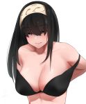  arms_behind_back bad_id bad_twitter_id bangs bare_shoulders black_bra black_hair blue_eyes bra breasts cleavage collarbone commentary_request eyebrows_visible_through_hair hairband highres idolmaster idolmaster_cinderella_girls large_breasts long_hair off_shoulder sagisawa_fumika senju_(snz0) simple_background smile solo underwear upper_body white_background 