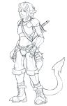  armor black_and_white boots clothed clothing demon footwear fully_clothed goat_ears hexacult horn humanoid male melee_weapon monochrome not_furry solo spade_tail sword weapon white_eyes 