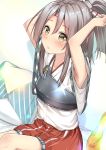  armpits blush brown_eyes collarbone hachimaki headband high_ponytail highres japanese_clothes kantai_collection kimono light_brown_hair long_hair miko_fly muneate red_shorts shorts signature solo white_kimono wide_sleeves zuihou_(kantai_collection) 