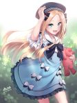  :d abigail_williams_(fate/grand_order) bangs beret black_bow black_hat blonde_hair blue_dress blue_eyes blush bow collarbone commentary_request day dress eyebrows_visible_through_hair fate/grand_order fate_(series) forehead hand_on_headwear hat holding holding_stuffed_animal long_hair looking_at_viewer morigami_(morigami_no_yashiro) open_mouth outdoors parted_bangs short_sleeves smile solo stuffed_animal stuffed_toy sunlight teddy_bear twitter_username very_long_hair white_bow 