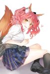  animal_ears black_legwear blush breasts clothes_around_waist commentary_request fangs fate/extella fate/extra fate/grand_order fate_(series) fox_ears fox_tail highres jacket_around_waist kneehighs long_hair looking_at_viewer medium_breasts parted_lips pink_hair plaid plaid_skirt school_uniform shirt shoes sitting skirt smile solo tail tamamo_(fate)_(all) tamamo_jk_(fate) tomozero twintails white_shirt yellow_eyes yokozuwari 
