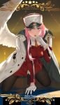  angel_wings arm_support bangs black_legwear blush breasts candy character_name copyright_name darling_in_the_franxx dress feathered_wings food full_body gloves green_eyes hat highres holding holding_food jacket_on_shoulders kneeling leaning_forward lips lollipop long_hair long_sleeves looking_at_viewer medium_breasts military military_uniform pantyhose parted_lips patreon_username peaked_cap pink_hair pixiv_id red_dress single_wing solo star sweets tsurime uniform watermark web_address white_coat white_gloves white_hat white_wings wings yijian_ma zero_two_(darling_in_the_franxx) 