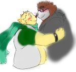  &lt;3 2018 anthro bear blush brown_fur canine cusith dog duo eyewear fur glasses hug male mammal overweight overweight_male scarf simple_background tokyo_afterschool_summoners volos white_background yellow_fur 