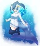  anchor_hair_ornament aqua_hair blowhole blue_eyes blue_whale_(kemono_friends) boots bubble commentary dress eyebrows_visible_through_hair fins glasses grey_hair hair_ornament highres kemono_friends long_hair long_sleeves multicolored_hair solo sweater sweater_dress tail thigh_boots thighhighs turtleneck underwater whale_tail_(animal_tail) yogurtm 