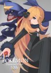  blonde_hair blush breasts claws cleavage dragon garchomp gen_4_pokemon hair_ornament hair_over_one_eye highres large_breasts long_hair pokemon pokemon_(creature) pokemon_(game) pokemon_dppt sharp_teeth shirona_(pokemon) smile teeth tesshii_(riza4828) 