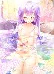  :o ahoge azur_lane bangs barefoot blush breasts censored closed_eyes collarbone day dutch_angle eyebrows_visible_through_hair floating_hair flower groin heart heart_censor inagaki_miiko incoming_kiss long_hair looking_at_viewer nude onsen outdoors parted_lips partially_submerged petals petals_on_liquid pink_flower purple_hair rock sidelocks sitting small_breasts solo tree unicorn_(azur_lane) very_long_hair wariza water wet yellow_flower 
