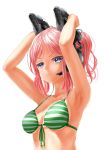  armpits arms_up bangs bare_arms bare_shoulders bikini blue_eyes breasts closed_mouth collarbone front-tie_top green_bikini green_ribbon headgear headset keane912 long_hair looking_afar looking_to_the_side medium_breasts original parted_bangs pink_hair ponytail ribbon serious shiny shiny_hair sidelocks simple_background solo sparkling_eyes striped striped_bikini swimsuit underboob upper_body v-shaped_eyebrows white_background 