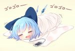  =_= akisha bad_id bad_pixiv_id bangs bedroll blue_bow blue_hair bow cable cellphone cirno drooling earphones eyebrows_visible_through_hair ice ice_wings light_blush lowres open_mouth phone polka_dot rolled rolling short_hair simple_background smartphone smile solo touhou wings 