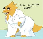  2015 alphys anthro bent_over blush breasts buckteeth dialogue english_text eyewear female glasses lab_coat lizard open_mouth overweight pdxyz reptile scales scalie solo sweat talking_to_viewer teeth text undertale video_games yellow_scales 