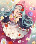  :d aqua_eyes aqua_hair commentary_request copyright dress eyebrows_visible_through_hair flower from_above full_body gin_(oyoyo) hatsune_miku headdress jewelry long_hair looking_at_viewer looking_up necklace open_mouth outstretched_hand rose smile solo twintails very_long_hair vocaloid 