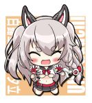  :d animal_ears azur_lane braid breasts chibi claw_pose commentary_request fake_animal_ears fingerless_gloves gloves hydrock kneeling long_hair looking_at_viewer medium_breasts navel open_mouth paw_hair_ornament pleated_skirt school_uniform serafuku silver_hair single_braid skirt smile solo tattoo thick_eyebrows two_side_up underboob yuudachi_(azur_lane) 