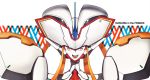  :d absurdres armor copyright_name darling_in_the_franxx highres looking_at_viewer mecha murasaki_saki open_mouth red_eyes robot smile solo strelizia upper_body white_background 