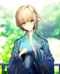  blonde_hair blue_kimono blurry blurry_background blush closed_mouth commentary_request day depth_of_field eyebrows_visible_through_hair flower green_eyes hair_flower hair_ornament hands_up head_tilt idolmaster idolmaster_cinderella_girls idolmaster_cinderella_girls_starlight_stage japanese_clothes kimono light_particles long_sleeves looking_at_viewer miyamoto_frederica obi outdoors railing sash short_hair smile solo soya_(torga) wide_sleeves 