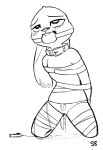  2016 alec8ter anthro ball_gag bdsm black_and_white blush bondage bound buckteeth clothed clothing collar disney ears_down female flat_chested gag gagged half-closed_eyes hands_behind_back judy_hopps kneeling lagomorph mammal monochrome panties pussy_juice rabbit sex_toy signature simple_background solo submissive submissive_female tape tape_bondage teeth topless underwear vibrator white_background zootopia 