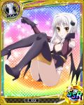  1girl :p boots breasts card_(medium) cat_hair_ornament character_name chess_piece demon_wings gloves hair_ornament high_heels high_school_dxd looking_at_viewer official_art rook_(chess) short_hair silver_hair small_breasts smile solo thigh_boots thighhighs tongue tongue_out toujou_koneko trading_card wings yellow_eyes 