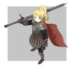  ayase_eli bangs blonde_hair blue_eyes blush boots breastplate brown_gloves cape claymore_(sword) closed_mouth crossover dark_souls_ii eyebrows_visible_through_hair gauntlets gloves grey_background hair_ornament hair_scrunchie holding holding_sword holding_weapon long_hair looking_at_viewer love_live! love_live!_school_idol_project murasaki_saki over_shoulder ponytail red_cape scrunchie shoulder_armor simple_background solo souls_(from_software) spaulders sword sword_over_shoulder weapon weapon_over_shoulder white_scrunchie 