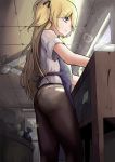  absurdres apron ass black_legwear blonde_hair blue_apron blue_eyes bug cabinet ceiling ceiling_fan cleaning closed_mouth from_below girls_frontline highres hongshao_tang_gua indoors lens_flare long_hair note panties panties_under_pantyhose pantyhose plate see-through shirt short_sleeves silk smile soap_bubbles solo spider spider_web standing super_shorty_(girls_frontline) trash_can underwear very_long_hair wet wet_clothes wet_shirt white_panties white_shirt 