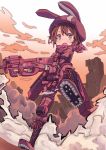  bangs blush boots brown_hair bullpup commentary_request gloves gun hat holding holding_gun holding_weapon jacket llenn_(sao) looking_at_viewer p-chan_(p-90) p90 pink_gloves pink_hat short_hair solo steins_schwanz submachine_gun sword_art_online sword_art_online_alternative:_gun_gale_online weapon 