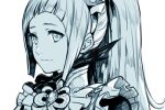  bangs blue blue_background blunt_bangs bow bowtie closed_mouth commentary dress felicia_(fire_emblem_if) fire_emblem fire_emblem_if gem hairband hankuri jewelry long_hair looking_at_viewer maid monochrome ponytail simple_background smile solo 