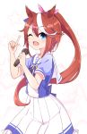  ;d animal_ears bangs blue_eyes blue_shirt blush brown_hair chawan_(yultutari) commentary_request eyebrows_visible_through_hair hair_between_eyes hair_ribbon high_ponytail highres holding holding_microphone horse_ears horse_girl index_finger_raised long_hair looking_at_viewer microphone multicolored_hair one_eye_closed open_mouth pink_ribbon pleated_skirt ponytail puffy_short_sleeves puffy_sleeves ribbon sailor_collar school_uniform serafuku shirt short_sleeves skirt smile solo star streaked_hair tokai_teio umamusume very_long_hair white_background white_hair white_sailor_collar white_skirt 