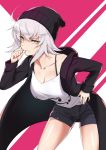 absurdres bad_id bad_pixiv_id bangs beanie biting black_hat black_hoodie black_shorts breasts brown_eyes camisole cleavage collarbone commentary_request eyebrows_visible_through_hair fate/apocrypha fate/grand_order fate_(series) hair_between_eyes hand_on_hip hat highres hood hood_down hoodie jeanne_d'arc_(alter)_(fate) jeanne_d'arc_(fate)_(all) large_breasts leaning_forward looking_at_viewer open_clothes open_hoodie sawawse short_shorts shorts silver_hair solo thumb_biting white_camisole 