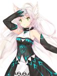  :&lt; absurdres agrius_metamorphosis animal_ears arm_up atalanta_(alter)_(fate) atalanta_(fate) bangs bare_shoulders belt_buckle belt_collar black_collar black_dress blush breasts buckle closed_mouth commentary detached_sleeves dress eyebrows_visible_through_hair fate/grand_order fate_(series) gloves green_eyes highres long_hair long_sleeves medium_breasts silver_hair simple_background sleeveless sleeveless_dress slit_pupils solo very_long_hair white_background white_gloves yukaa 