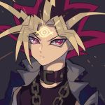  1boy black_background black_hair blonde_hair chains collar collarbone eyebrows_visible_through_hair eyes_visible_through_hair highres male_focus multicolored_hair parted_lips portrait red_eyes red_hair solo spiked_hair third_eye yami_yuugi yasaikakiage yu-gi-oh! yuu-gi-ou yuu-gi-ou_duel_monsters 