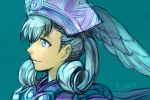  blue_background blue_eyes blue_hair cape closed_mouth curly_hair from_side hankuri hat head_wings melia simple_background smile solo translation_request upper_body xenoblade_(series) xenoblade_1 