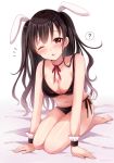  ? animal_ears arm_support bangs bare_legs bare_shoulders barefoot bed_sheet black_bra black_hair black_panties blush bra breasts bunny_ears cleavage collarbone eyebrows_visible_through_hair head_tilt large_breasts long_hair looking_at_viewer navel neck_ribbon notice_lines one_eye_closed original panties parted_lips red_eyes red_ribbon ribbon sakura_hiyori seiza side-tie_panties sitting soles solo spoken_question_mark two_side_up underwear underwear_only very_long_hair white_background wrist_cuffs 