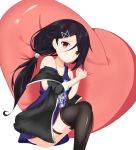  azur_lane bare_shoulders black_hair black_jacket black_legwear blue_dress blush brown_eyes cassin_(azur_lane) closed_mouth collarbone commentary_request dress feet_out_of_frame hair_between_eyes hair_ornament heterochromia highres jacket long_hair looking_at_viewer low_ponytail lying off_shoulder on_side open_clothes open_jacket parted_lips ponytail red_eyes roido_(taniko-t-1218) simple_background sleeveless sleeveless_dress solo thighhighs very_long_hair white_background 