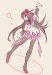  akemi_homura arm_up black_hair blue_eyes boots expressionless eyebrows_visible_through_hair full_body grey_background hair_ribbon high_heels long_hair long_sleeves looking_away magical_girl mahou_shoujo_madoka_magica multicolored multicolored_eyes pantyhose pekikokko purple_eyes purple_shirt ribbon shirt simple_background skirt solo white_shirt 