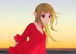  arms_behind_back bangs blonde_hair dress elf evening frilled_dress frills leaning_forward long_hair looking_at_viewer okeno_kamoku original outdoors pointy_ears purple_eyes red_dress see-through_silhouette smile solo wind 