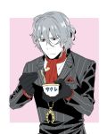  antonio_salieri_(fate/grand_order) ascot black_gloves closed_mouth cup fate/grand_order fate_(series) formal gloves grey_hair hinoya male_focus pink_background pinstripe_suit rectangle red_eyes red_neckwear simple_background solo spoon striped suit upper_body 