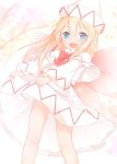  bare_legs blonde_hair blue_eyes bow bowtie capelet cherry_blossoms dress dress_lift fairy_wings flower hair_between_eyes hat highres lifted_by_self lily_white long_hair long_sleeves looking_at_viewer open_mouth red_neckwear sakurea smile solo standing touhou white_dress white_hat wide_sleeves wings 