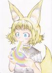  absurdres animal_ears blonde_hair blue_eyes blush bright_pupils colorful commentary_request doitsuken eating fang_out fox_ears fox_tail highres holding neck_ribbon original puffy_short_sleeves puffy_sleeves ribbon scan short_hair short_sleeves smile solo tail traditional_media upper_body vest yellow_neckwear yellow_ribbon 