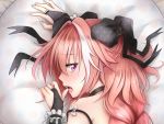  :o arm_up astolfo_(fate) bangs bare_shoulders bed_sheet big_hair black_bow black_choker black_dress blush bow braid bridal_gauntlets choker chunyan close-up commentary_request dakimakura dress eyebrows_visible_through_hair eyelashes fang fate/apocrypha fate_(series) fingernails frilled_dress frilled_pillow frills from_above furrowed_eyebrows hair_between_eyes hair_bow hair_intakes half-closed_eyes hand_up long_hair long_sleeves looking_at_viewer looking_back lying male_focus multicolored_hair nose_blush on_stomach open_mouth otoko_no_ko pillow pink_hair polka_dot polka_dot_bow polka_dot_dress portrait purple_eyes shiny shiny_hair single_braid sleeve_cuffs sleeves_past_wrists solo spaghetti_strap strap_slip streaked_hair tears two-tone_hair unmoving_pattern white_bow white_hair 