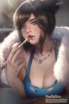  artist_name bangs bare_shoulders beads blue_coat blurry blurry_background breasts brown_eyes brown_hair cleavage coat eyelashes eyeshadow fingernails fur-trimmed_coat fur_trim gumroad_username hair_bun hair_ornament hair_stick hand_up highres holding hoo_bamon large_breasts lips lipstick looking_at_viewer makeup mascara mei_(overwatch) mole mole_on_breast mole_on_neck mole_under_mouth no_eyewear nose overwatch parka patreon_username pink_lips pink_lipstick realistic short_hair sidelocks sleeveless solo swept_bangs tank_top thick_lips upper_body watermark web_address winter_clothes winter_coat 