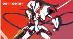  character_name clenched_hand darling_in_the_franxx highres holding holding_weapon horns lance looking_at_viewer mecha murasaki_saki open_mouth polearm red_eyes solo strelizia weapon 