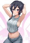  :o armpits arms_behind_head arms_up bare_arms bare_shoulders black_hair blue_eyes blush braid breasts buttons copyright_name crop_top darkmaya denim grey_pants jeans kohiruimaki_karen large_breasts long_hair looking_at_viewer midriff navel pants parted_lips shiny shiny_hair short_hair_with_long_locks side_braid sideboob single_braid sleeveless solo stomach sweat sword_art_online sword_art_online_alternative:_gun_gale_online twitter_username two-tone_background 