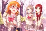  alternate_hairstyle bag bespectacled blue_eyes bow branch brown_hair cherry_blossoms commentary_request double-breasted glasses grin hair_bow hair_ornament hair_scrunchie hairclip holding_branch love_live! love_live!_sunshine!! low_twintails multiple_girls one_eye_closed orange_hair pleated_skirt pointing pointing_at_self red_bow red_eyes red_hair sakurauchi_riko school_bag school_uniform scrunchie serafuku short_twintails skirt smile spring_(season) takami_chika thumbs_up tree twintails uranohoshi_school_uniform watanabe_you white_scrunchie yellow_bow yellow_eyes yellow_scrunchie zi_long 