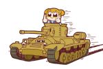  :3 closed_mouth commentary_request ground_vehicle middle_finger military military_vehicle motor_vehicle multiple_girls neckerchief nuu_(nu-nyu) orange_eyes orange_hair pipimi poptepipic popuko red_neckwear sailor_collar school_uniform scrunchie serafuku side_ponytail speed_lines tank valentine valentine_(tank) white_background yellow_scrunchie 