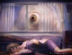  1girl brown_eyes brown_hair indoors lying monster on_side original queruru window 