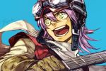  :d blue_background brown_gloves copyright_name flcl gloves goggles goggles_on_headwear guitar hair_between_eyes hankuri haruhara_haruko helmet holding holding_instrument instrument long_sleeves open_mouth purple_hair scarf simple_background smile solo upper_body white_scarf 