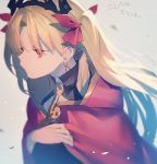  bangs blonde_hair cape closed_mouth earrings ereshkigal_(fate/grand_order) eyebrows eyebrows_visible_through_hair eyelashes eyes_visible_through_hair fate/grand_order fate_(series) frown hair_intakes hair_ribbon hand_up hood hood_down jewelry jpeg_artifacts long_hair looking_at_viewer mebaru red_cape red_eyes red_ribbon ribbon silver_background solo tears tiara turtleneck twintails upper_body 
