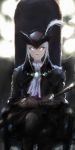  absurdres bloodborne brown_gloves chair closed_mouth cravat crossed_legs gloves grey_hair hat hat_feather highres holding holding_sword holding_weapon lady_maria_of_the_astral_clocktower looking_at_viewer murasaki_saki sitting smile solo sword the_old_hunters tricorne weapon white_legwear yellow_eyes 