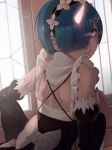  blue_eyes blue_hair commentary demon_horn detached_sleeves frilled_sleeves frills from_behind hair_ornament hair_over_one_eye hair_ribbon highres horn lips looking_back maid maid_headdress pink_ribbon re:zero_kara_hajimeru_isekai_seikatsu rem_(re:zero) ribbon ribbon-trimmed_clothes ribbon_trim short_hair window x_hair_ornament yeedee 