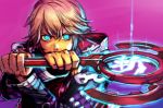 blue_eyes commentary hankuri holding jacket long_sleeves looking_at_viewer magic male_focus monado pink_hair purple_background shulk simple_background solo sword two-handed upper_body weapon xenoblade_(series) xenoblade_1 