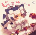  bangs bird_tail black_hair blush brown_eyes candy_apple chibi coat drooling eyebrows_visible_through_hair food fur-trimmed_coat fur-trimmed_sleeves fur_collar fur_trim grey_coat hair_between_eyes head_wings kemono_friends long_sleeves looking_away multicolored_hair muuran northern_white-faced_owl_(kemono_friends) orange_hair parted_lips signature solo sparkle standing translation_request white_hair 